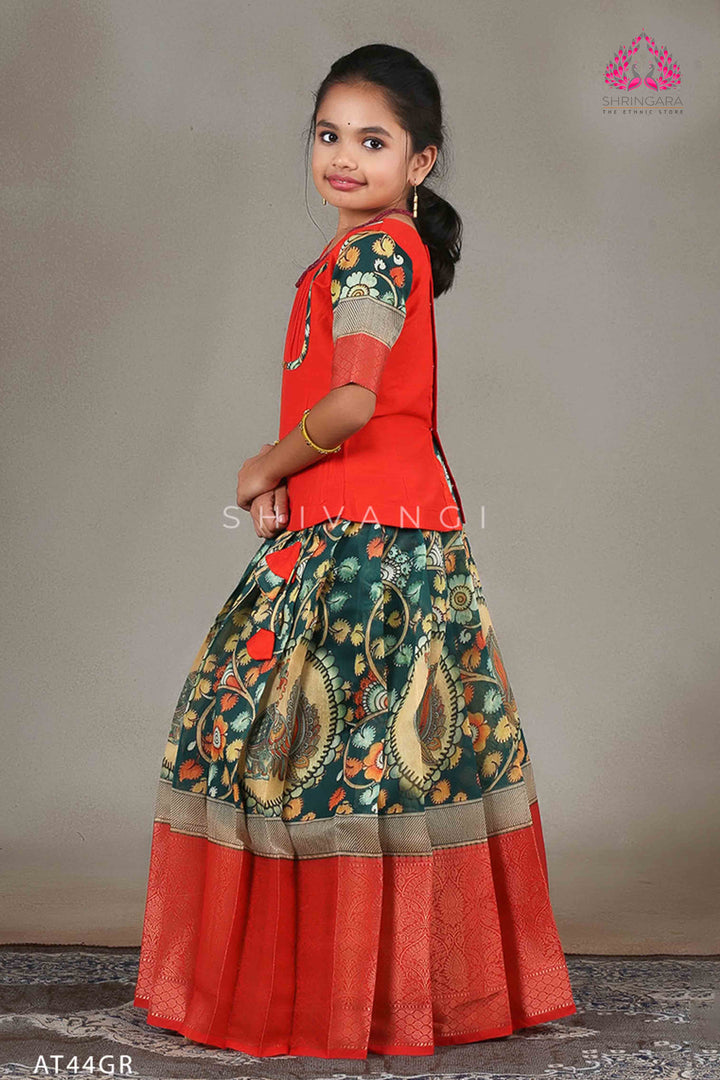 Girls Green Kalamkari Peacock Pattu Pavadai