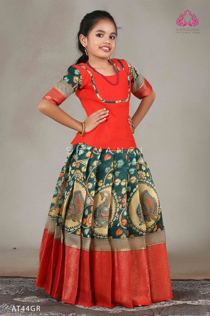 Girls Green Kalamkari Peacock Pattu Pavadai