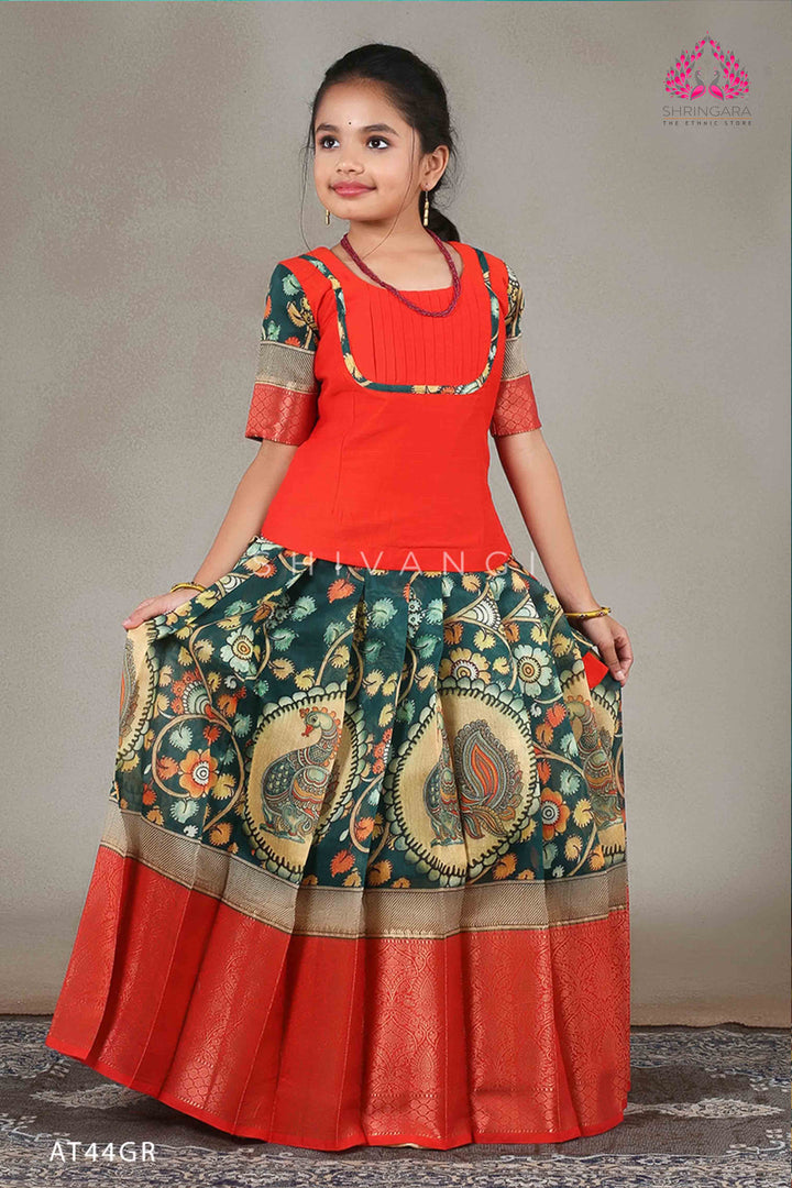 Girls Green Kalamkari Peacock Pattu Pavadai