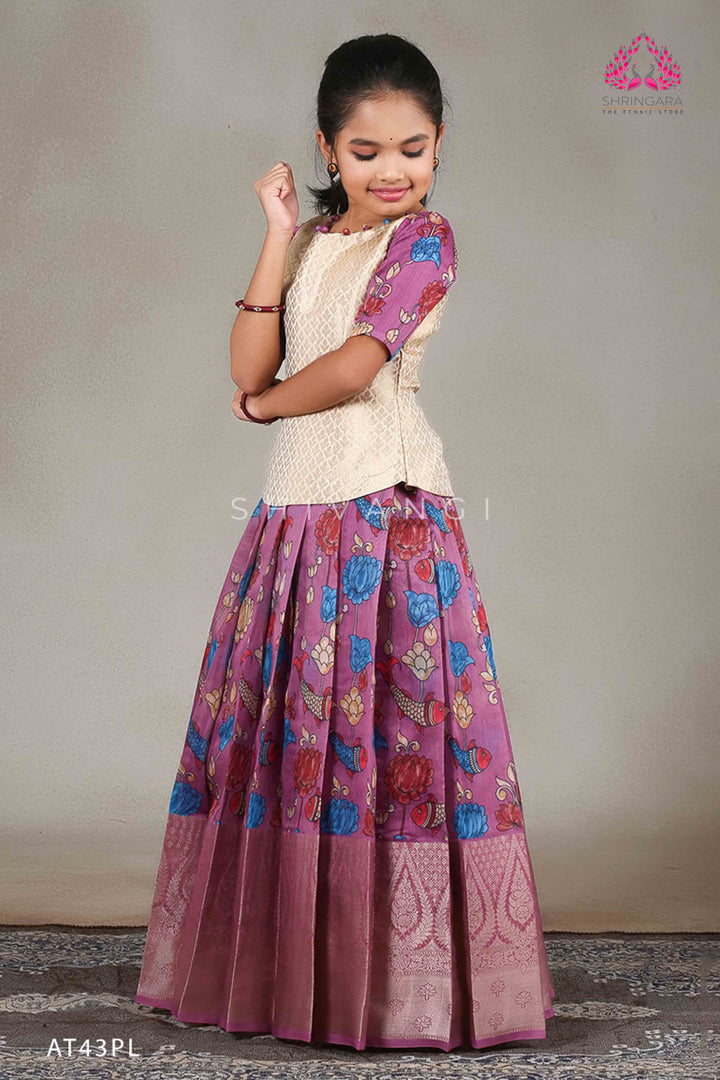 Girls Lavender Kalamkari Fish Pattu Pavadai !!!
