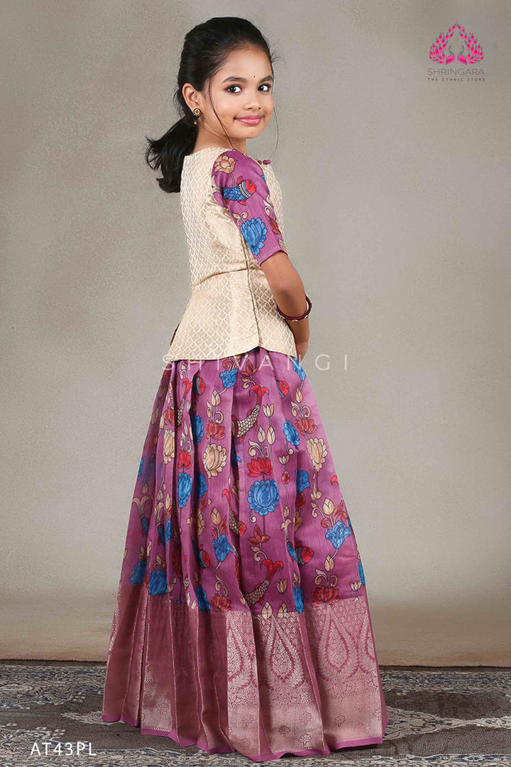 Girls Lavender Kalamkari Fish Pattu Pavadai !!!