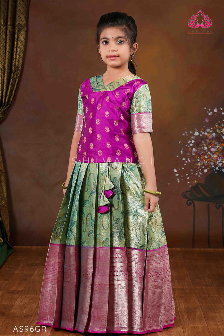 Girls Pink Lilly JKD Green Pattu Pavadai in Elbow Sleeve !!!