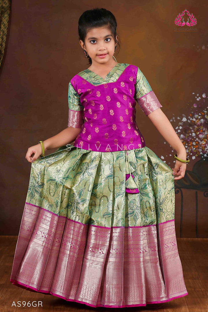 Girls Pink Lilly JKD Green Pattu Pavadai in Elbow Sleeve !!!