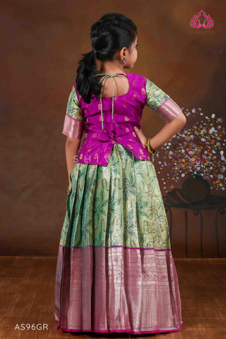 Girls Pink Lilly JKD Green Pattu Pavadai in Elbow Sleeve !!!
