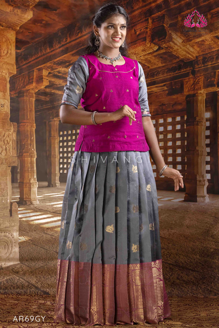 Girls Grey Rock Trumpet Pattu Pavadai | Langa