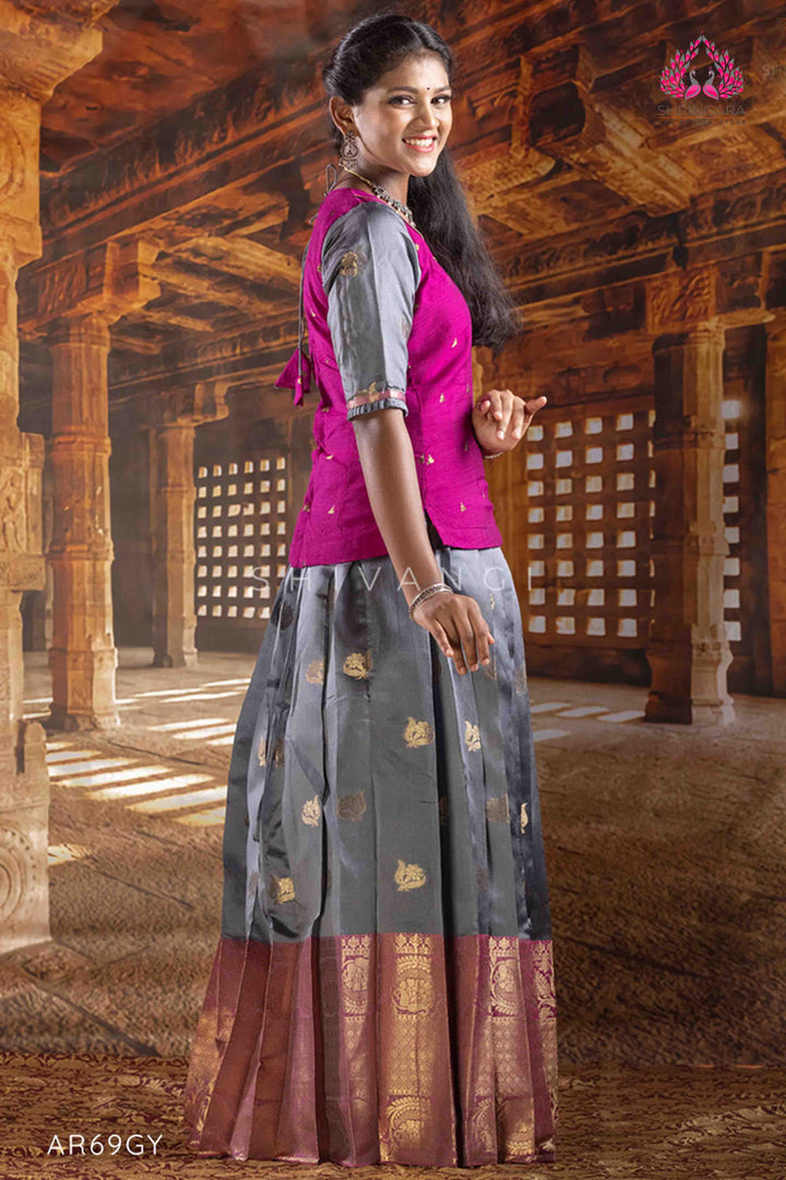 Girls Grey Rock Trumpet Pattu Pavadai | Langa