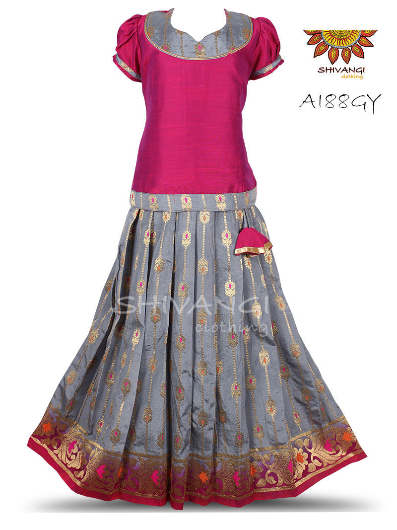 Girls Grey Banarasi Hanging Pattu Pavadai !!!
