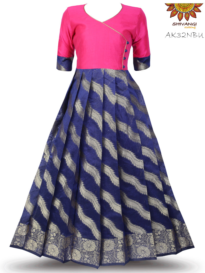 Girl Blue Floral Strip Long Frock
