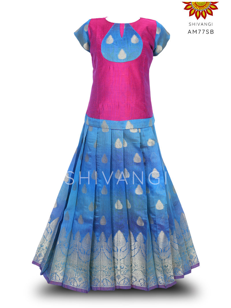 Girls Sky blue Lotus Bud Pattu pavadai