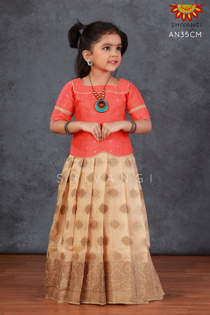 Girls Cream Pastel Motif Pattu Pavadai