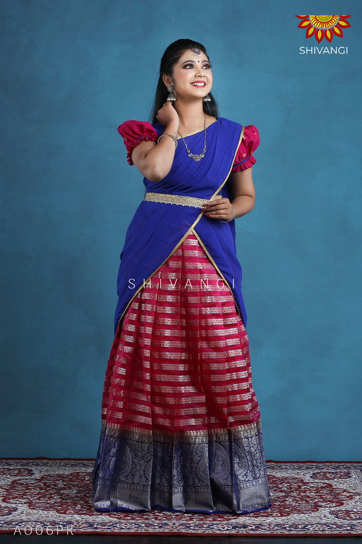 Teenage Girls Pink Organza Silver Half Saree | Langa Davani