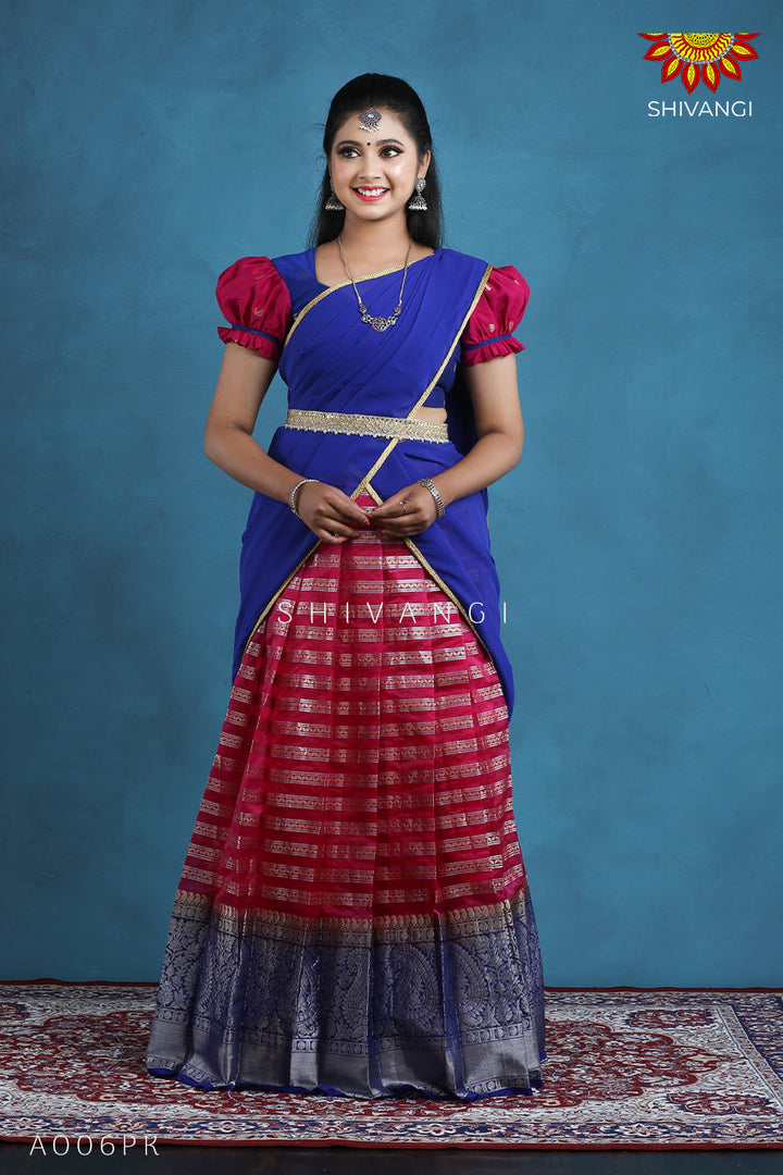 Teenage Girls Pink Organza Silver Half Saree | Langa Davani