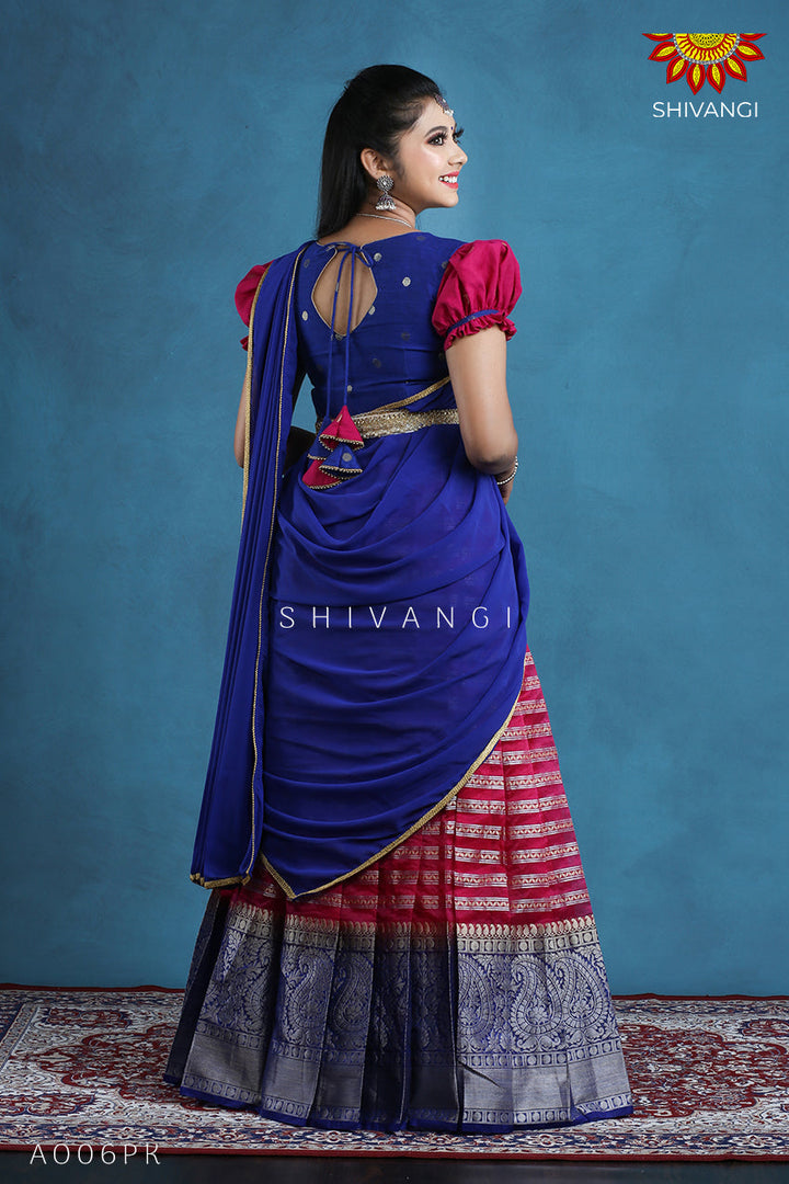 Teenage Girls Pink Organza Silver Half Saree | Langa Davani
