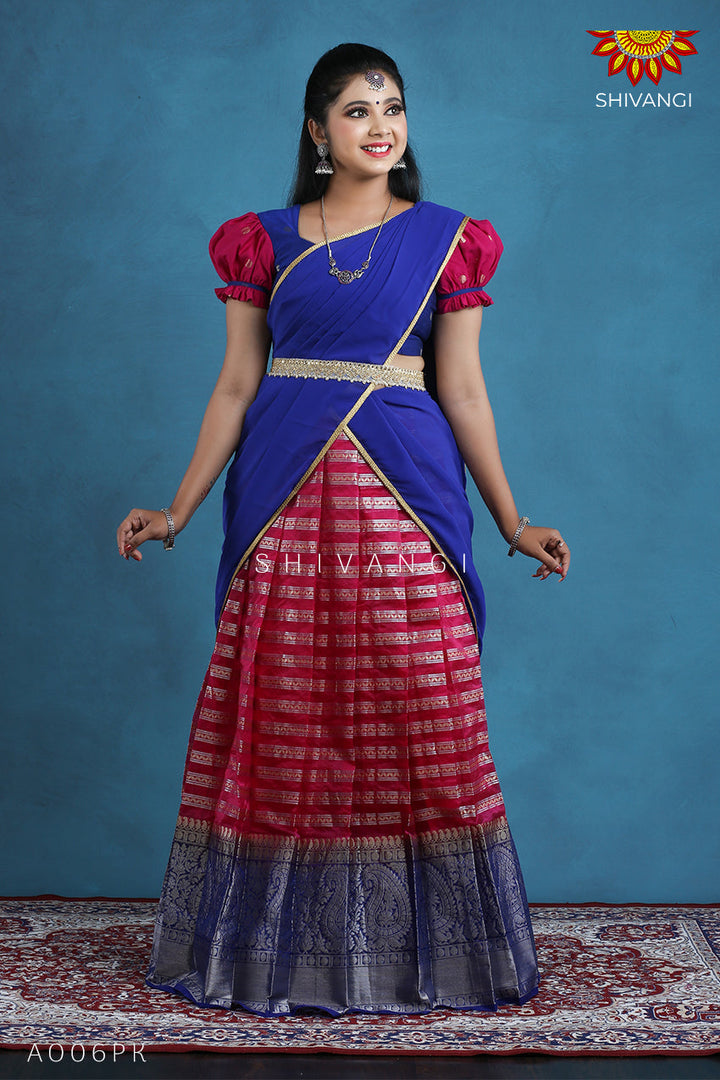 Teenage Girls Pink Organza Silver Half Saree | Langa Davani
