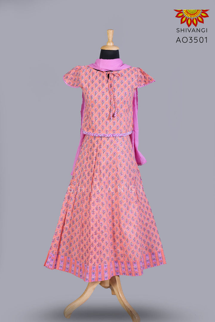 Girls Orange Block Print Lehenga with Dupatta
