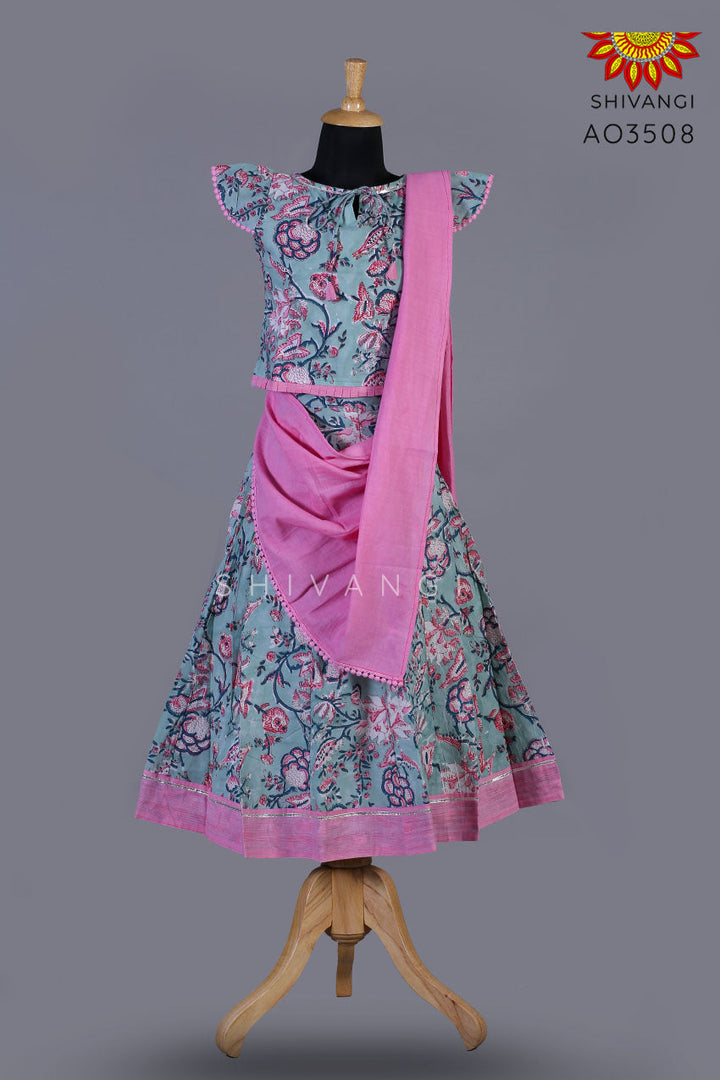 Girls Blue Block Print Lehenga with Dupatta