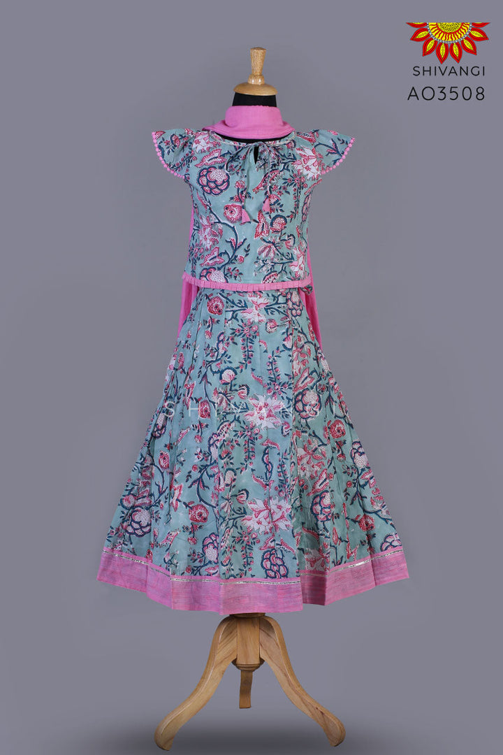 Girls Blue Block Print Lehenga with Dupatta
