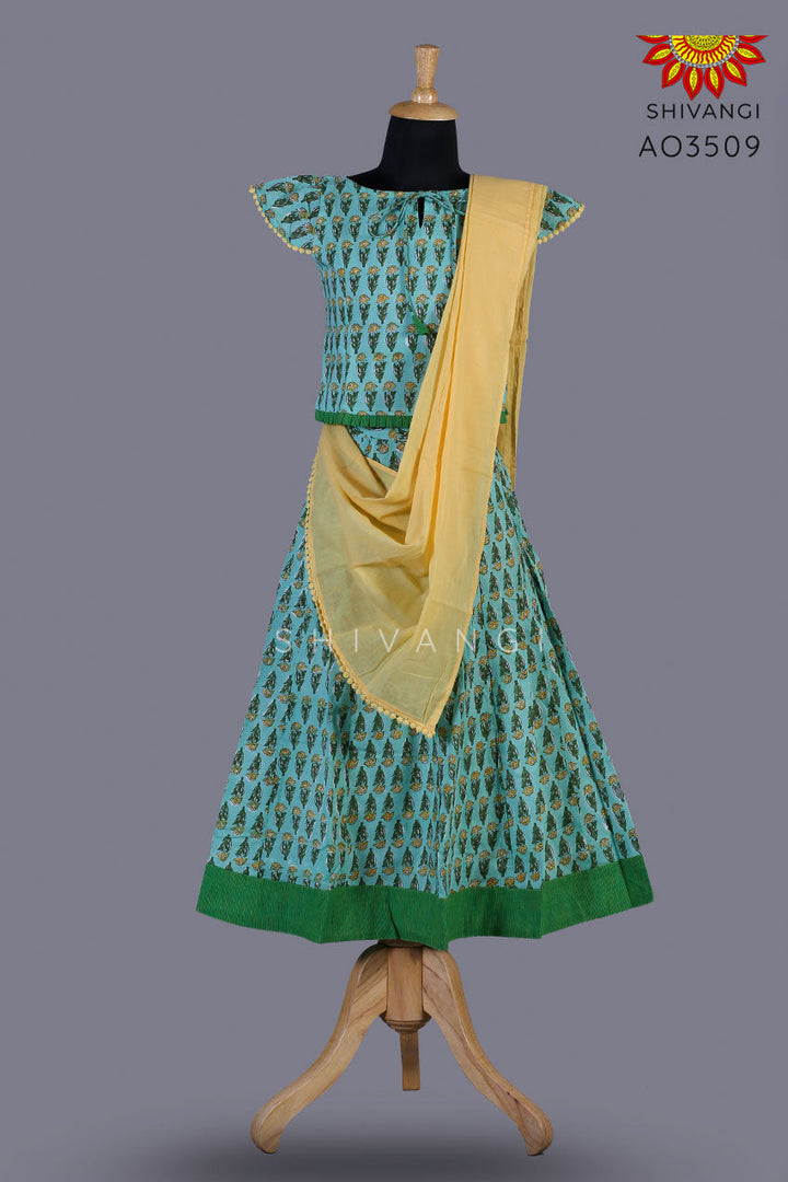 Girls Green Block Print Lehenga with Dupatta