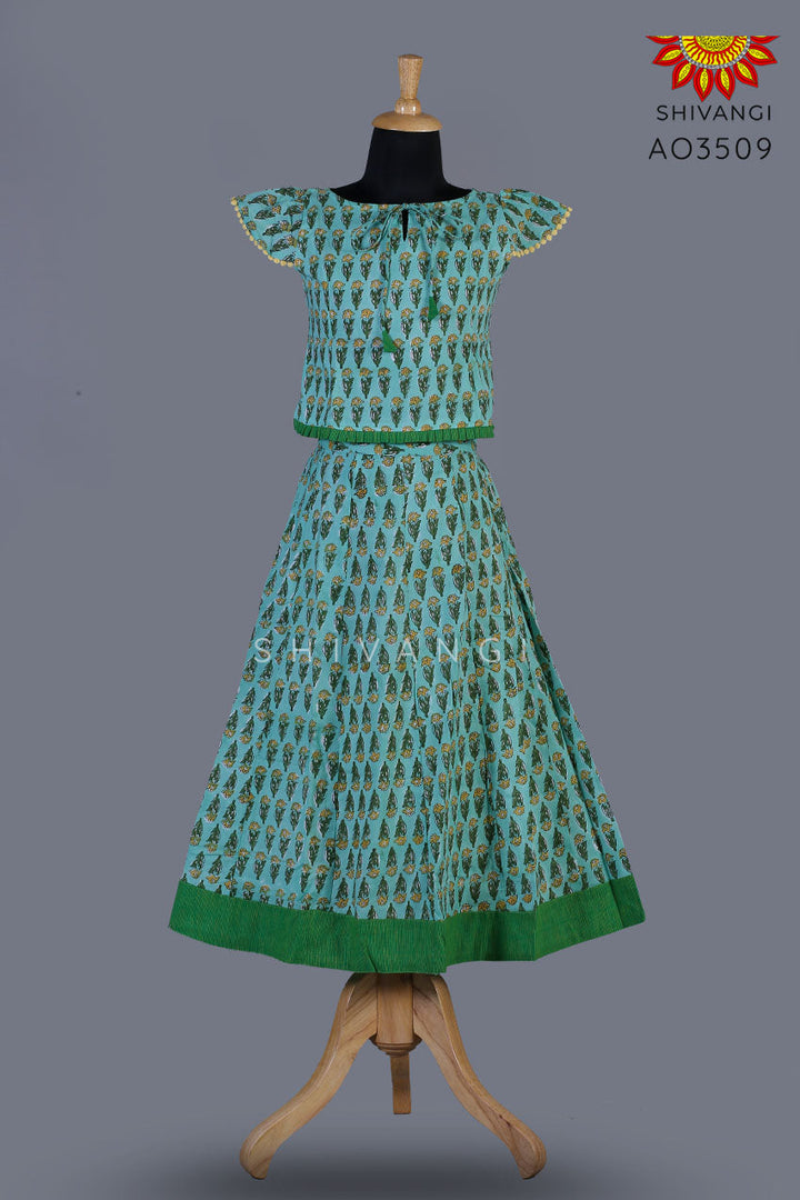 Girls Green Block Print Lehenga with Dupatta