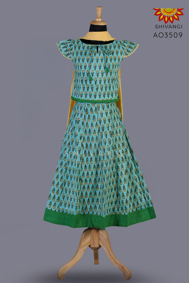 Girls Green Block Print Lehenga with Dupatta