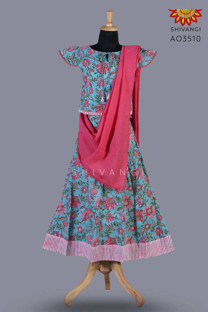 Girls Green Block Print Lehenga with Dupatta