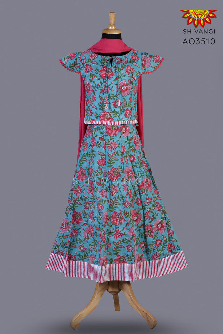 Girls Green Block Print Lehenga with Dupatta