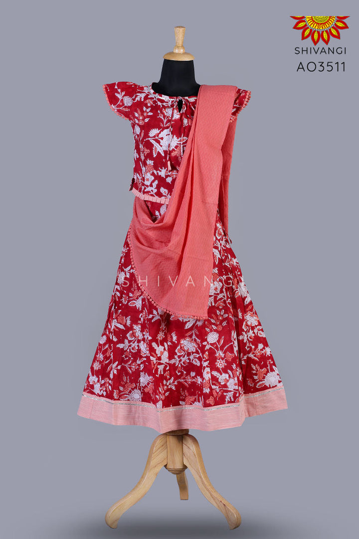 Girls Red Block Print Lehenga with Dupatta