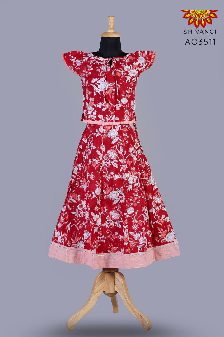 Girls Red Block Print Lehenga with Dupatta