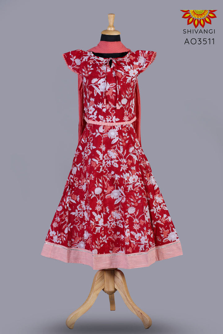 Girls Red Block Print Lehenga with Dupatta