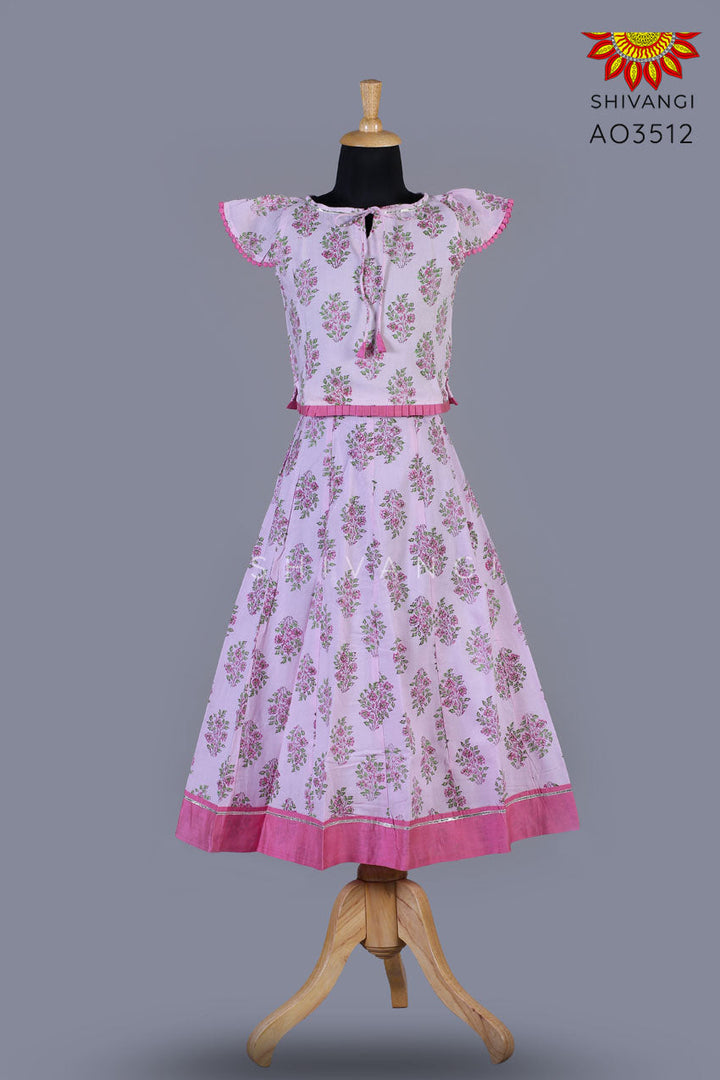 Girls Pink Block Print Lehenga with Dupatta