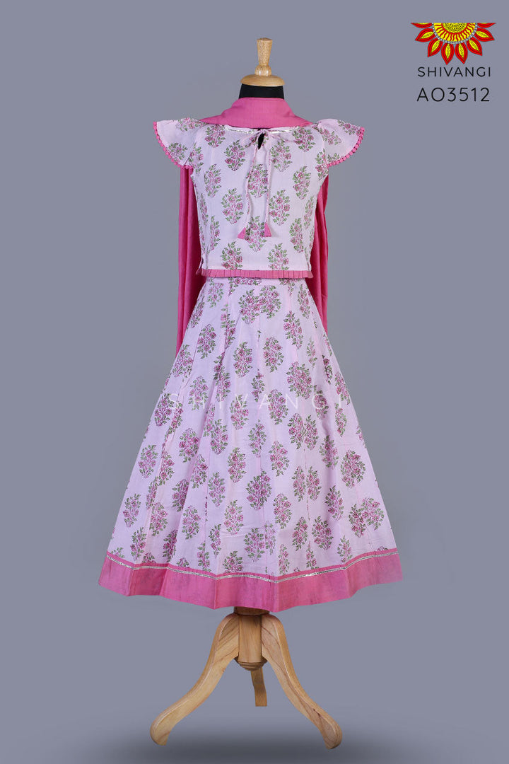Girls Pink Block Print Lehenga with Dupatta