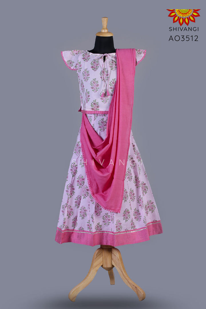Girls Pink Block Print Lehenga with Dupatta