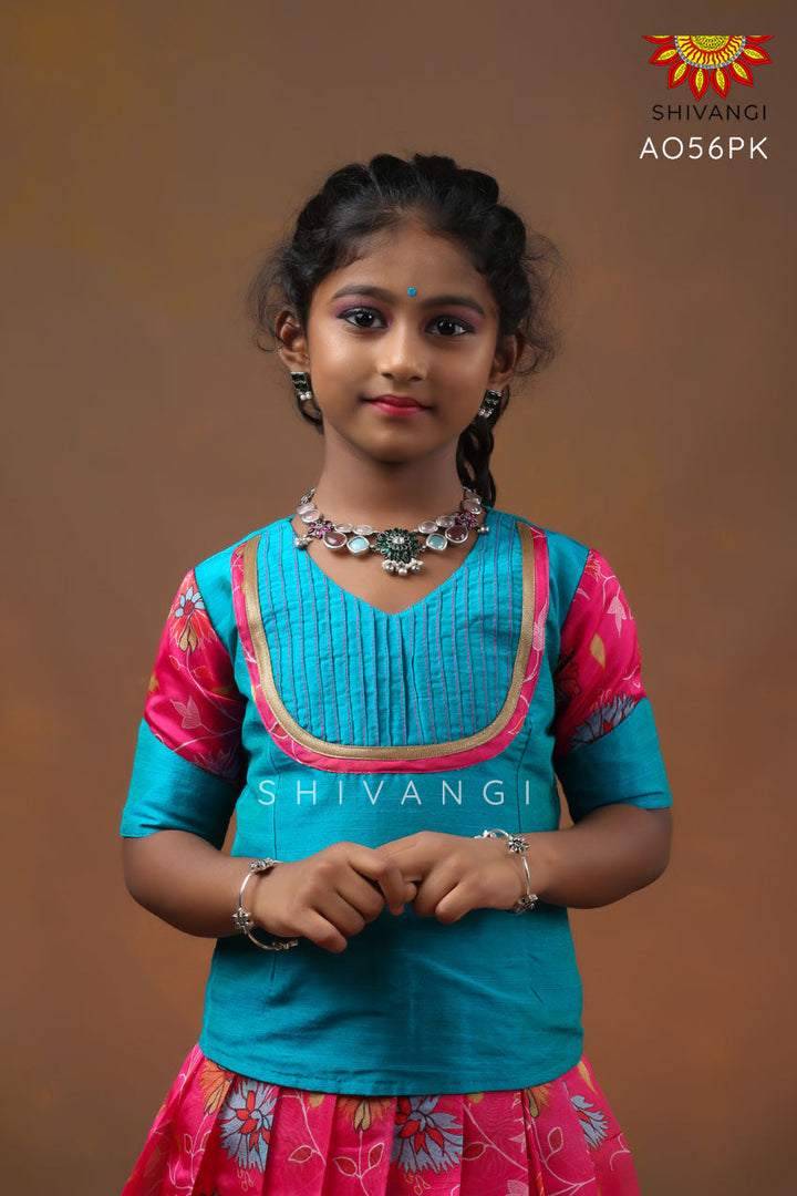 Girls Pink Organza Floral Creeper Pattu pavadai
