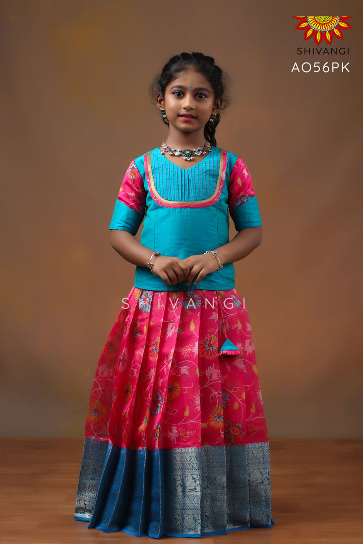 Girls Pink Organza Floral Creeper Pattu pavadai