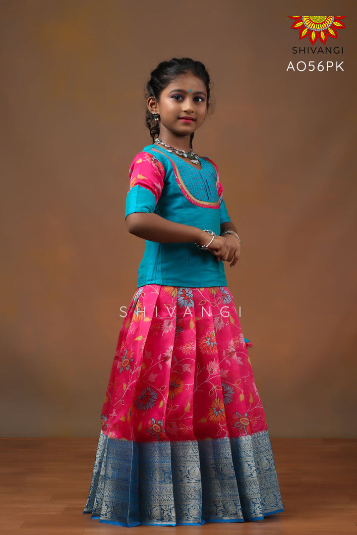 Girls Pink Organza Floral Creeper Pattu pavadai