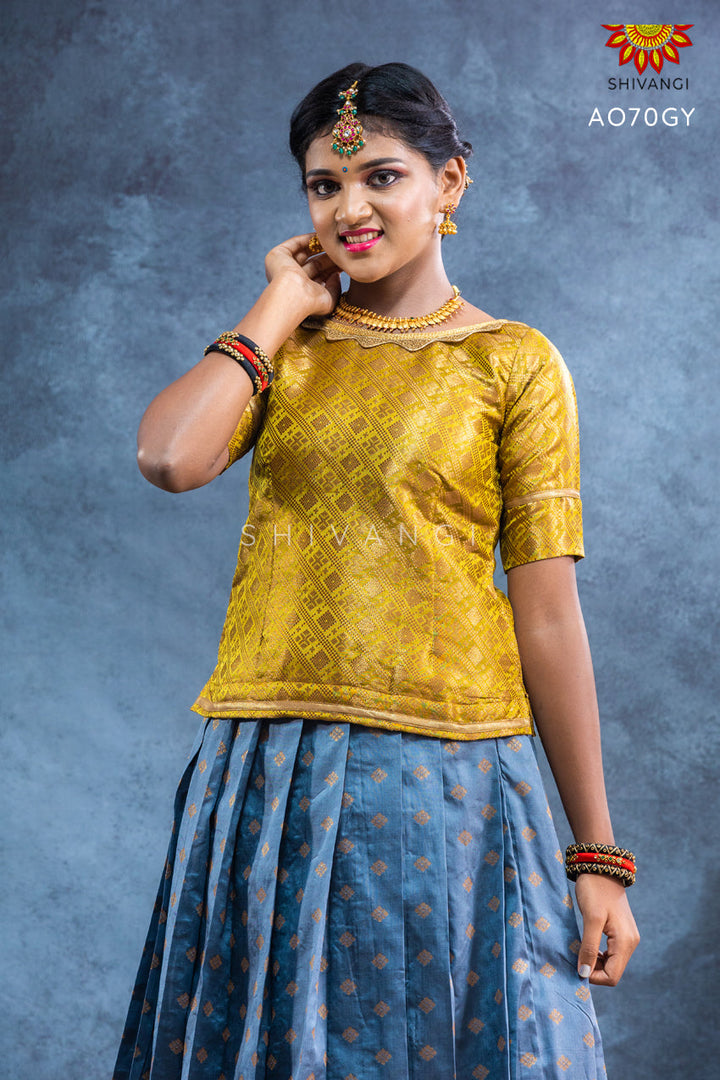 Girls Grey Banarasi Bhutta Pattu Pavadai