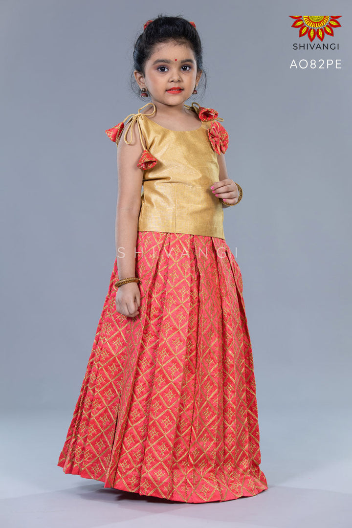 Girls Peach Hanging Star Lehenga Pattu Pavadai