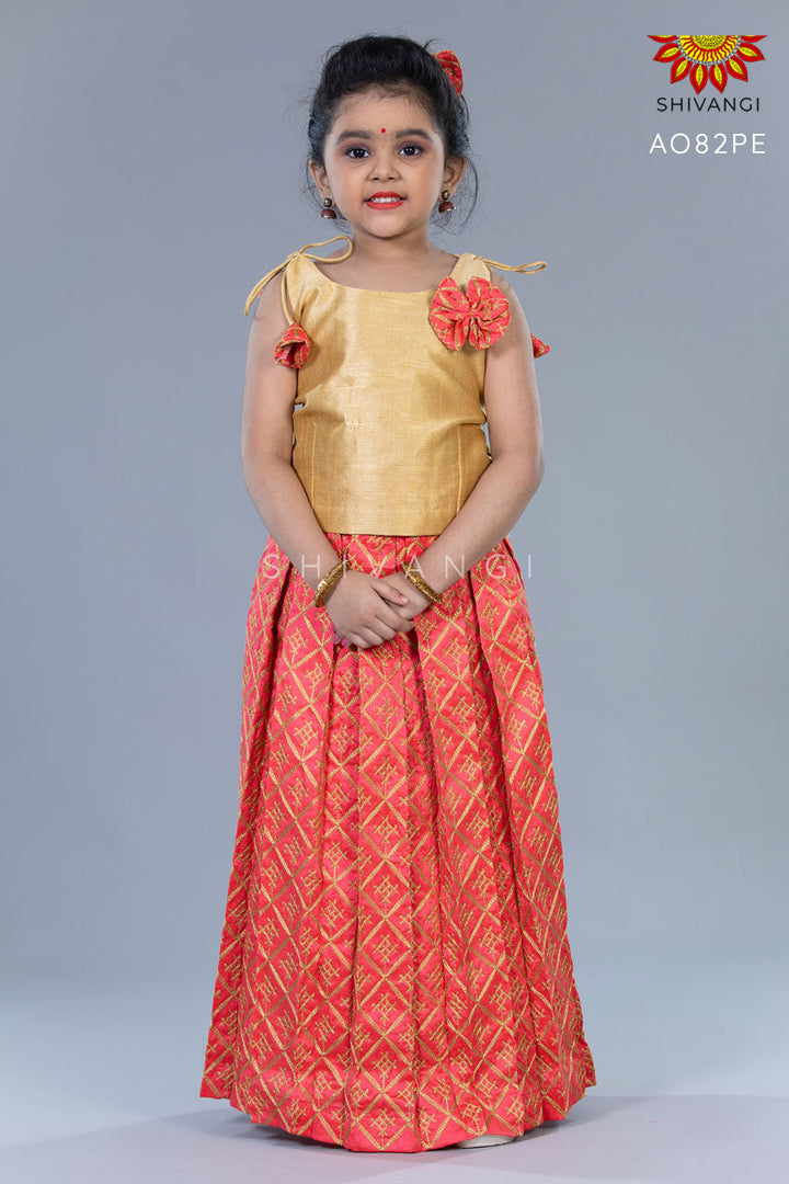 Girls Peach Hanging Star Lehenga Pattu Pavadai