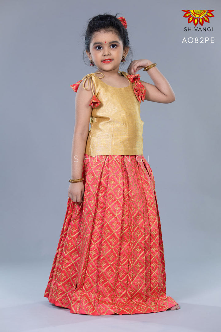 Girls Peach Hanging Star Lehenga Pattu Pavadai