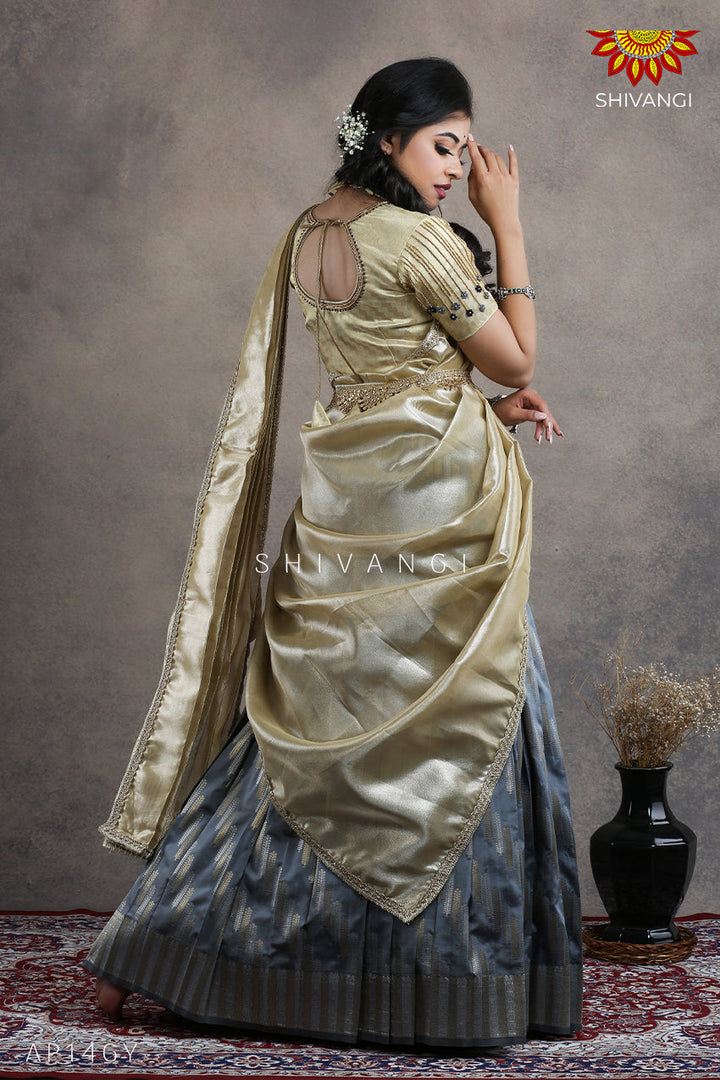 Teenage Girls Grey Millet Half Saree | Langa Davani