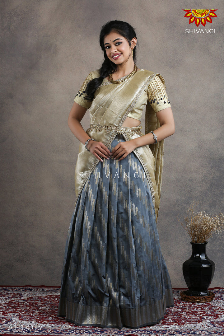 Teenage Girls Grey Millet Half Saree | Langa Davani