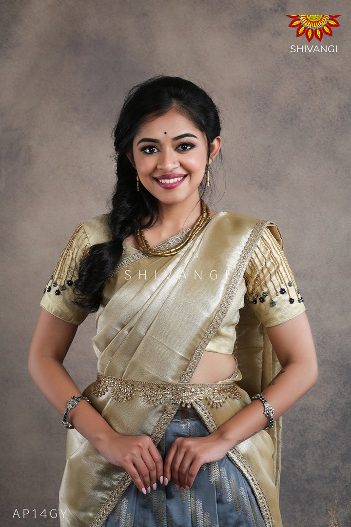 Teenage Girls Grey Millet Half Saree | Langa Davani