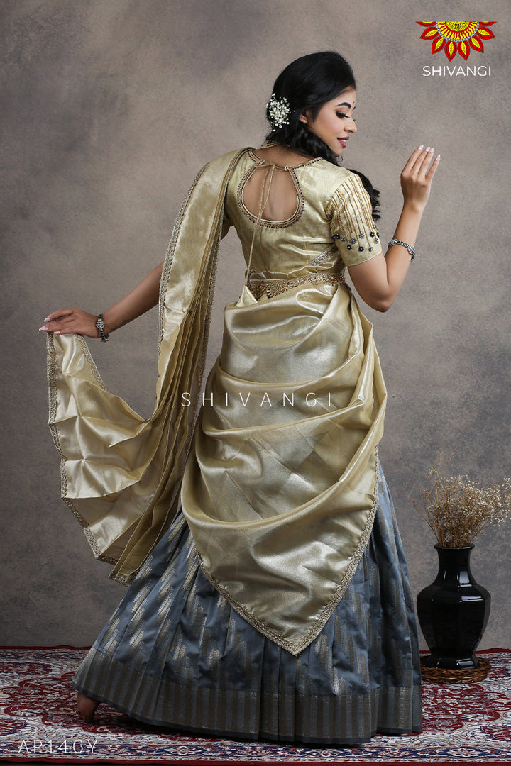 Teenage Girls Grey Millet Half Saree | Langa Davani