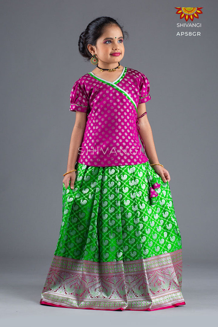 Girls Green Satin Silks Pattu Pavadai