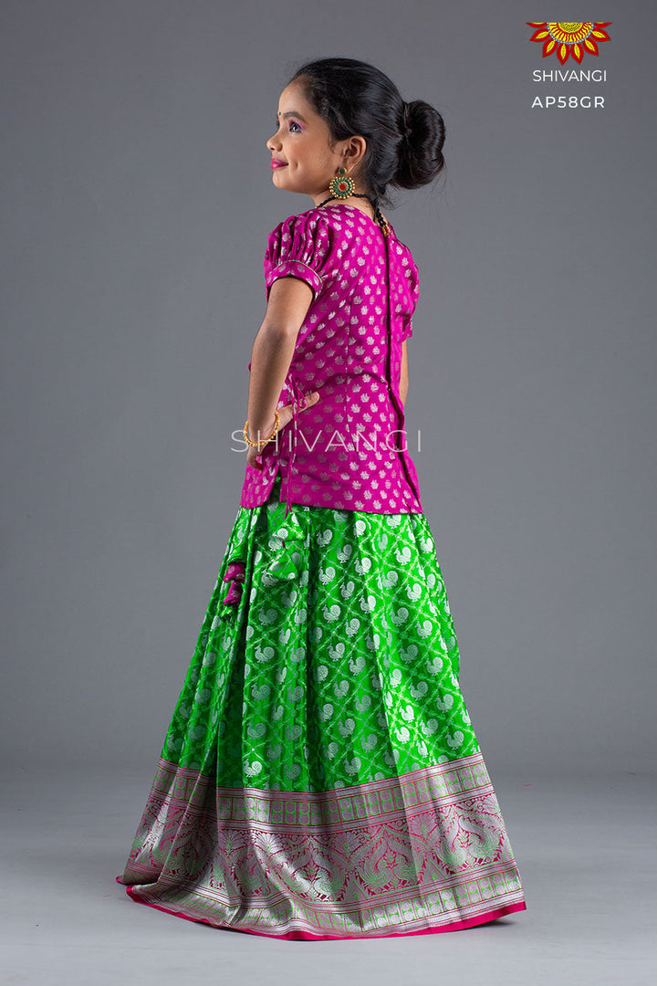 Girls Green Satin Silks Pattu Pavadai