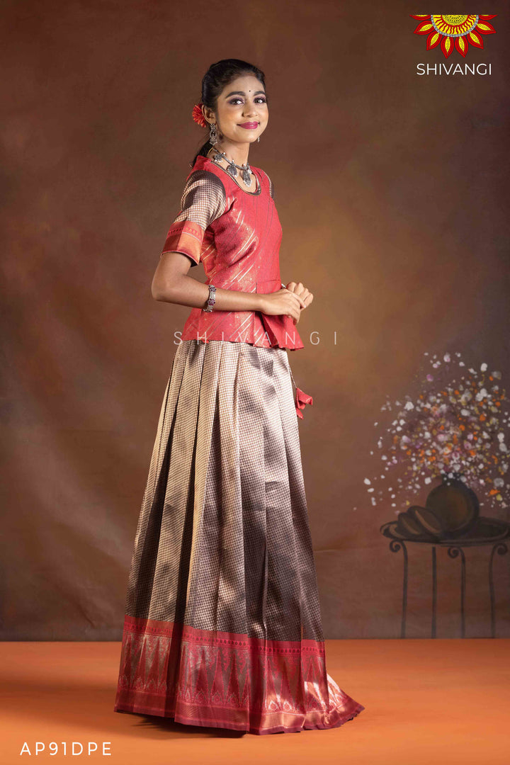 Girls Dark Peach Silver Fire Pattu Pavadai | Langa