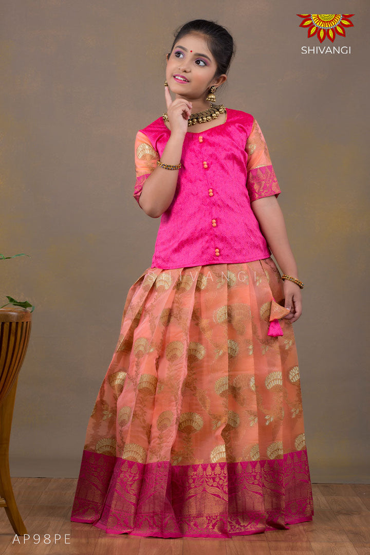 Peach Water Lilly Pattu Pavadai for Girls