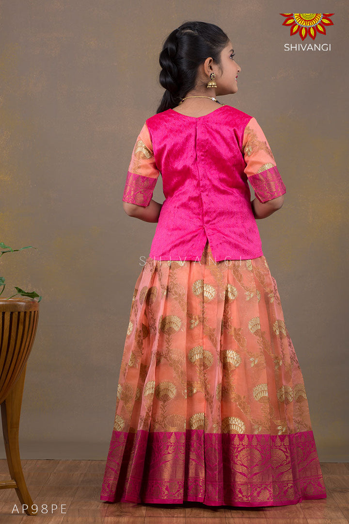 Peach Water Lilly Pattu Pavadai for Girls