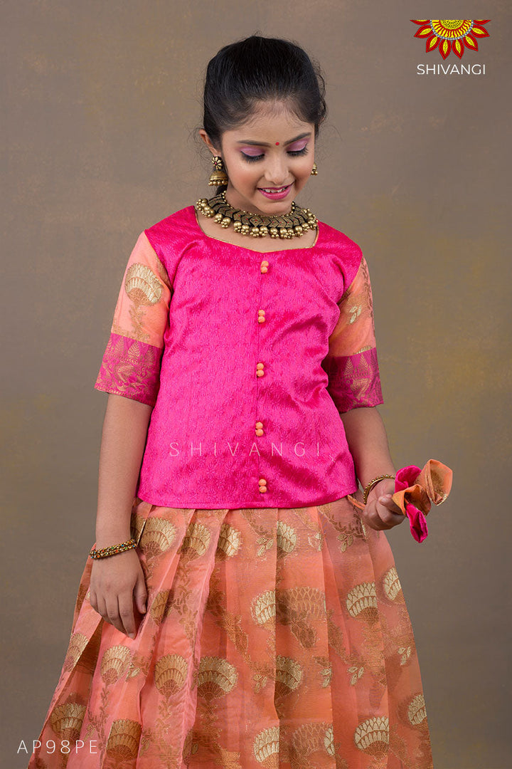 Peach Water Lilly Pattu Pavadai for Girls