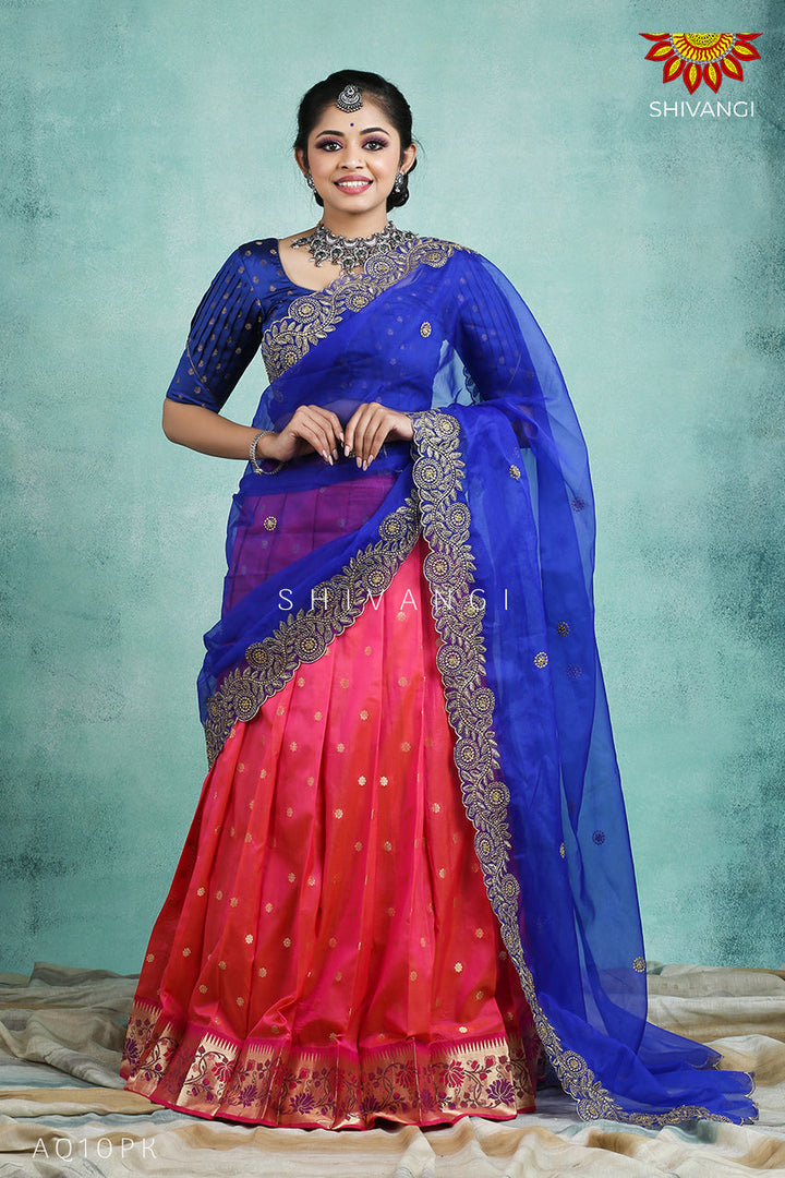 Girls Pink Silk Paithani Half Saree | Langa Davani